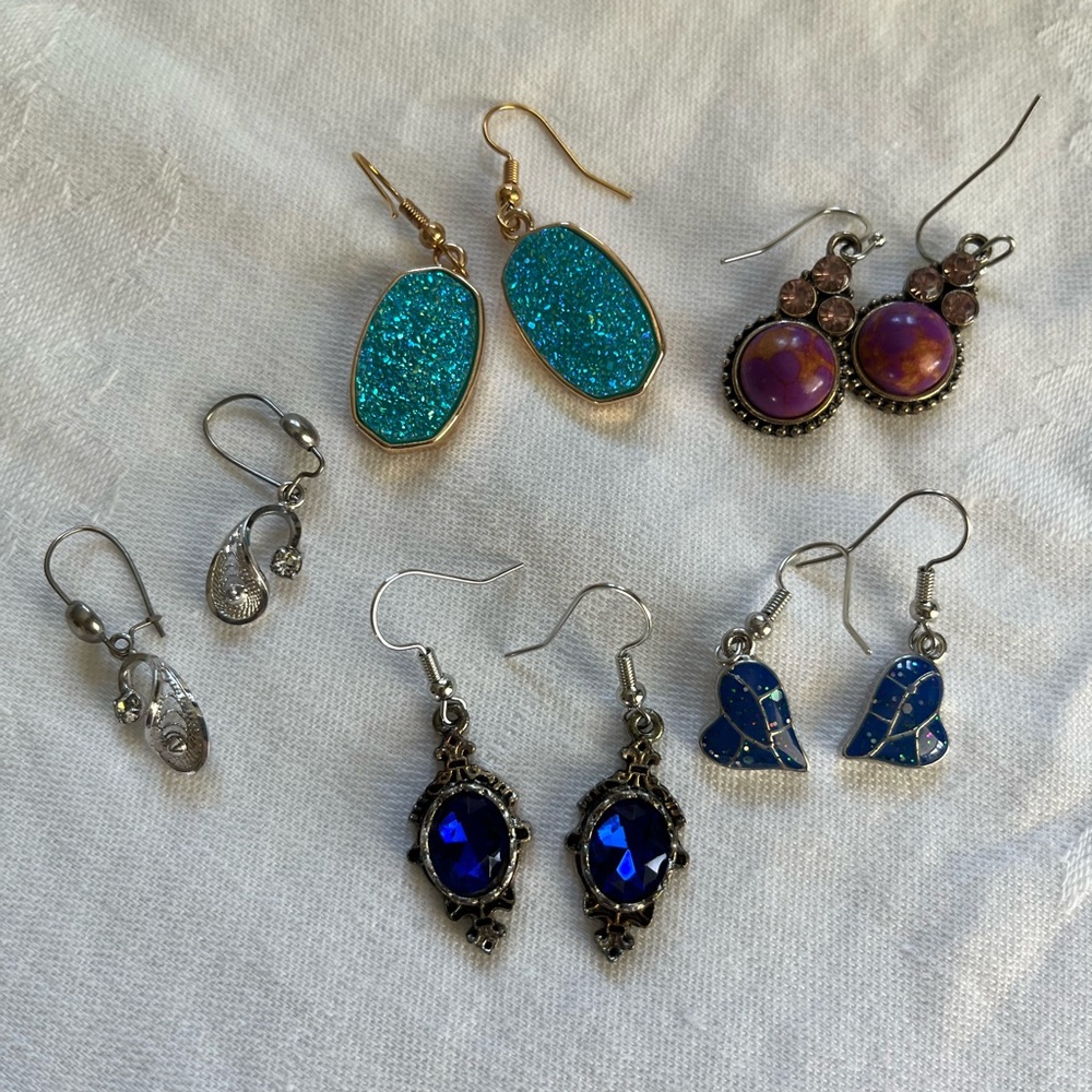 5 Pairs of Druse Crystal Drop Dangle Earrings Brand New/Never Worn